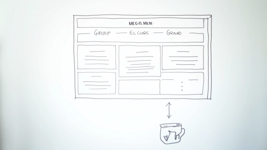 Diagramme montrant la structure organisationnelle d'un méga menu avec colonnes, groupes et hiérarchie visuelle annotée