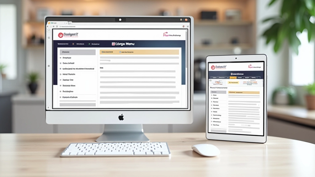 Comparaison de trois états de navigation : méga menu sur desktop, hamburger menu sur mobile, et version intermédiaire sur tablette